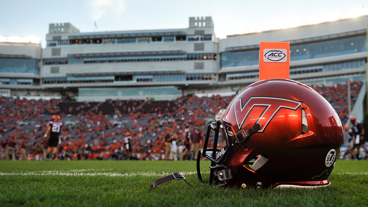 A general view of a Virginia Tech Hokies helmet