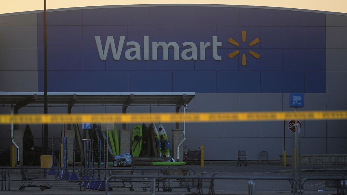 Police tape is seen outside a Walmart