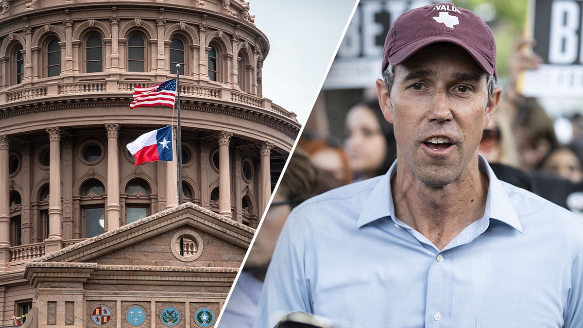 Beto O'Rourke , right, Texas capitol dome at left