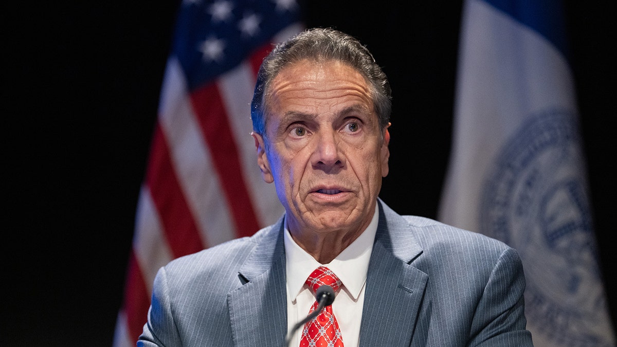 Andrew Cuomo during a press conference looking worried