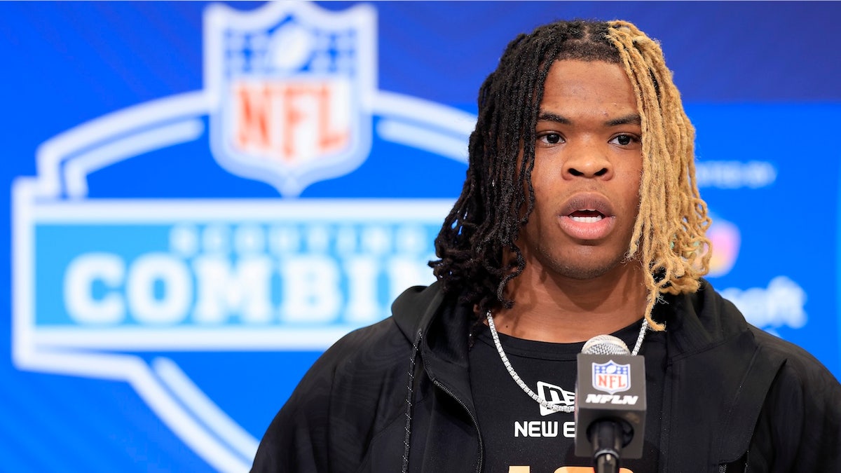 Quinshon Judkins of Ohio State speaks to the media during the NFL Combine at Lucas Oil Stadium on February 28, 2025 in Indianapolis, Indiana.