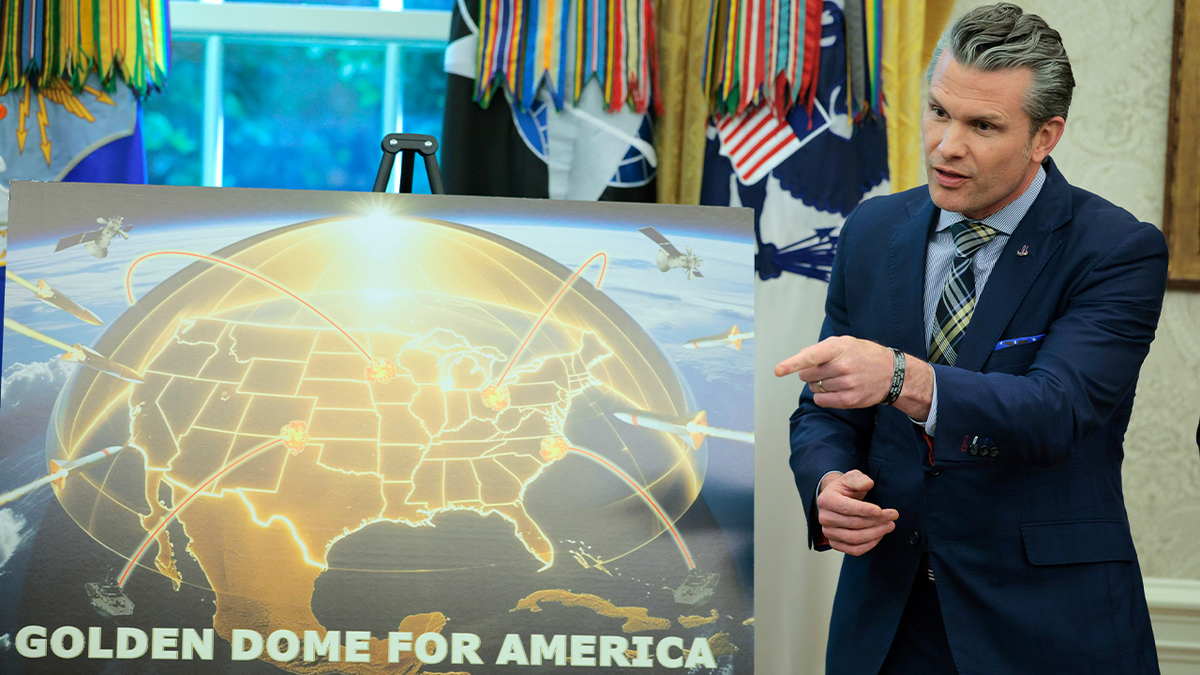 U.S. Secretary of Defense Pete Hegseth speaks in the Oval Office after President Trump announced his plans for the "Golden Dome."