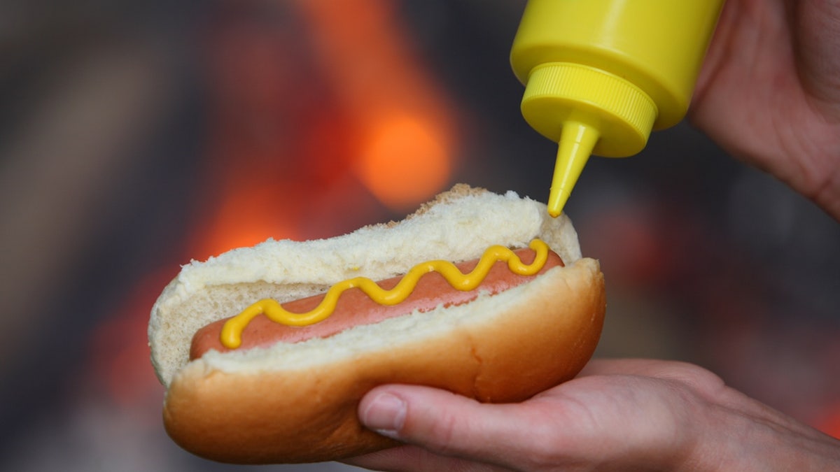 Hot dog with mustard on it