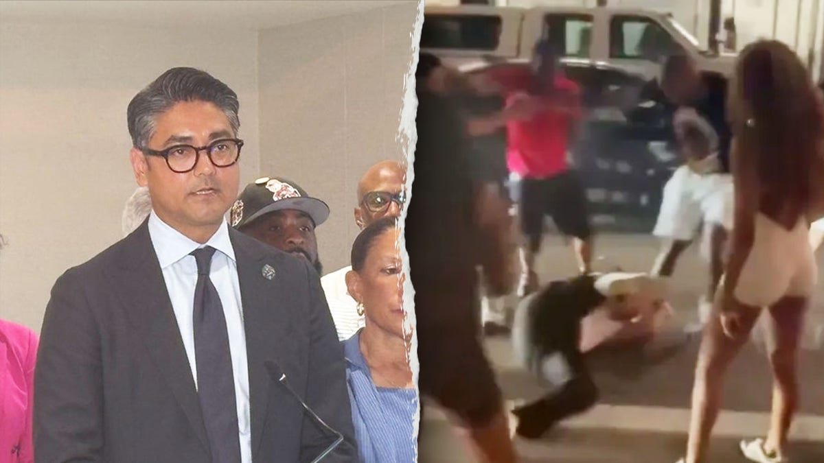 Split image of Cincinnati Mayor Aftab Pureval and a street brawl