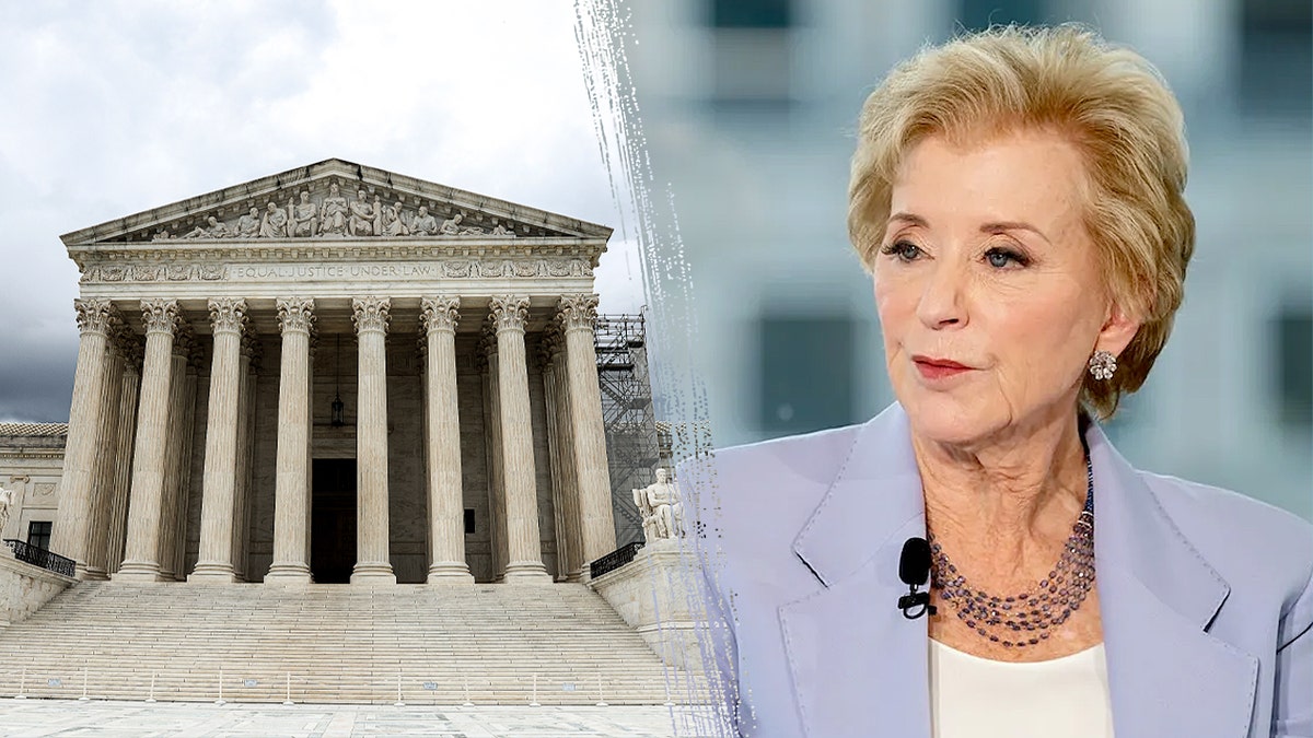 Linda McMahon and Supreme Court building composite