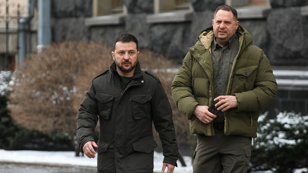 Ukrainian President Volodymyr Zelenskyy, left, and Head of the Presidential Office Andriy Yermak are meeting with Polish Prime Minister Donald Tusk in Kyiv, Ukraine, on Jan. 22, 2024.
