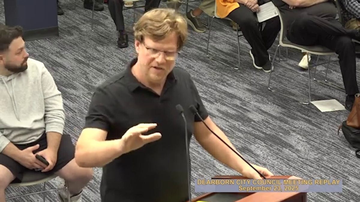 Ted Barham gestures while speaking at Dearborn City Council meeting