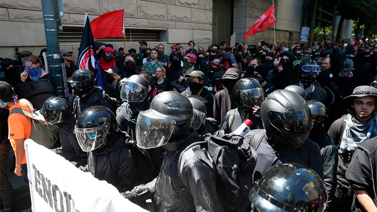 Antifa members protest in Portland