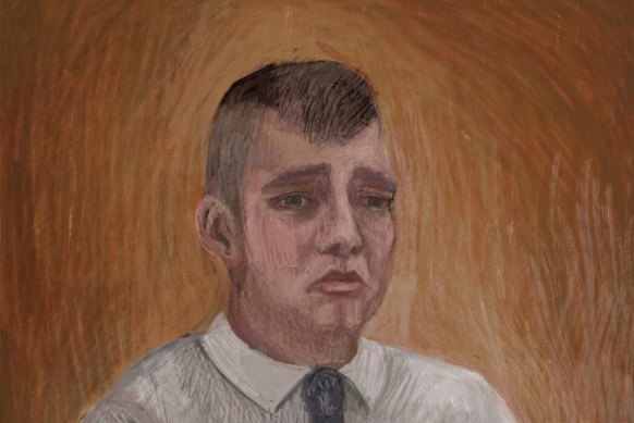 A court sketch of Lachlan Young in July.