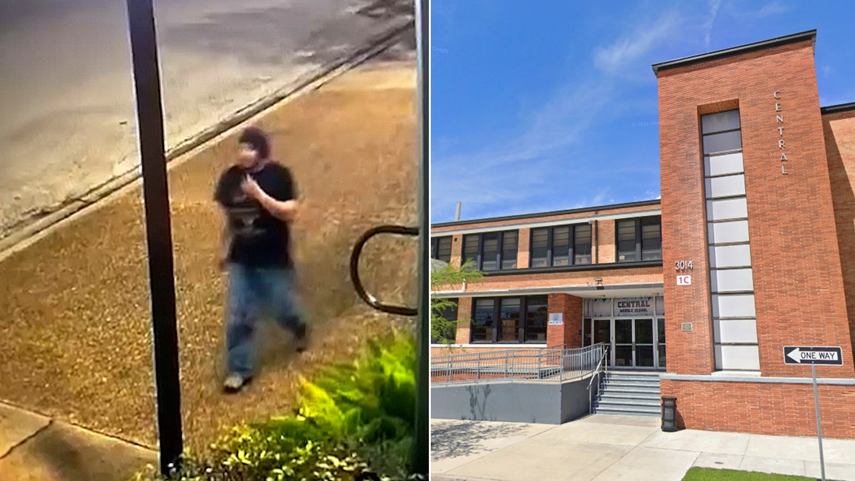 split photo of a school and a man wearing black shirt and blue jeans in surveillance footage