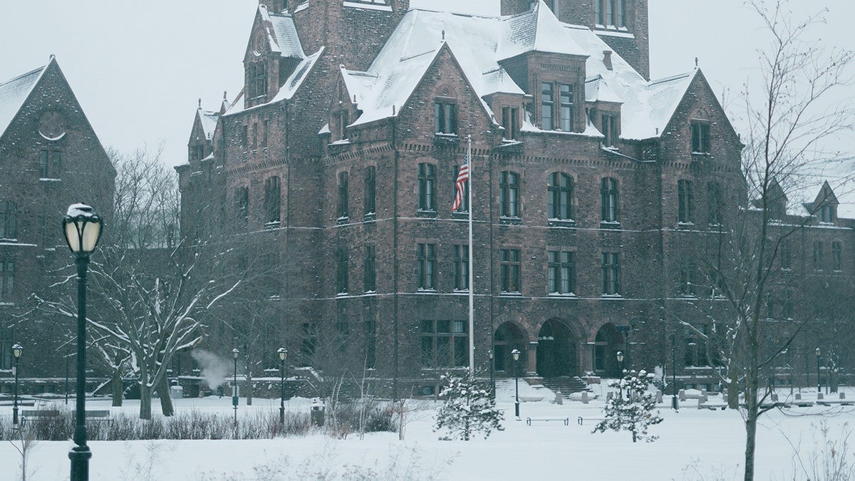 The Richardson Hotel seen from afar with American flag out front on a dreary, snowy winter day in Buffalo, New York.