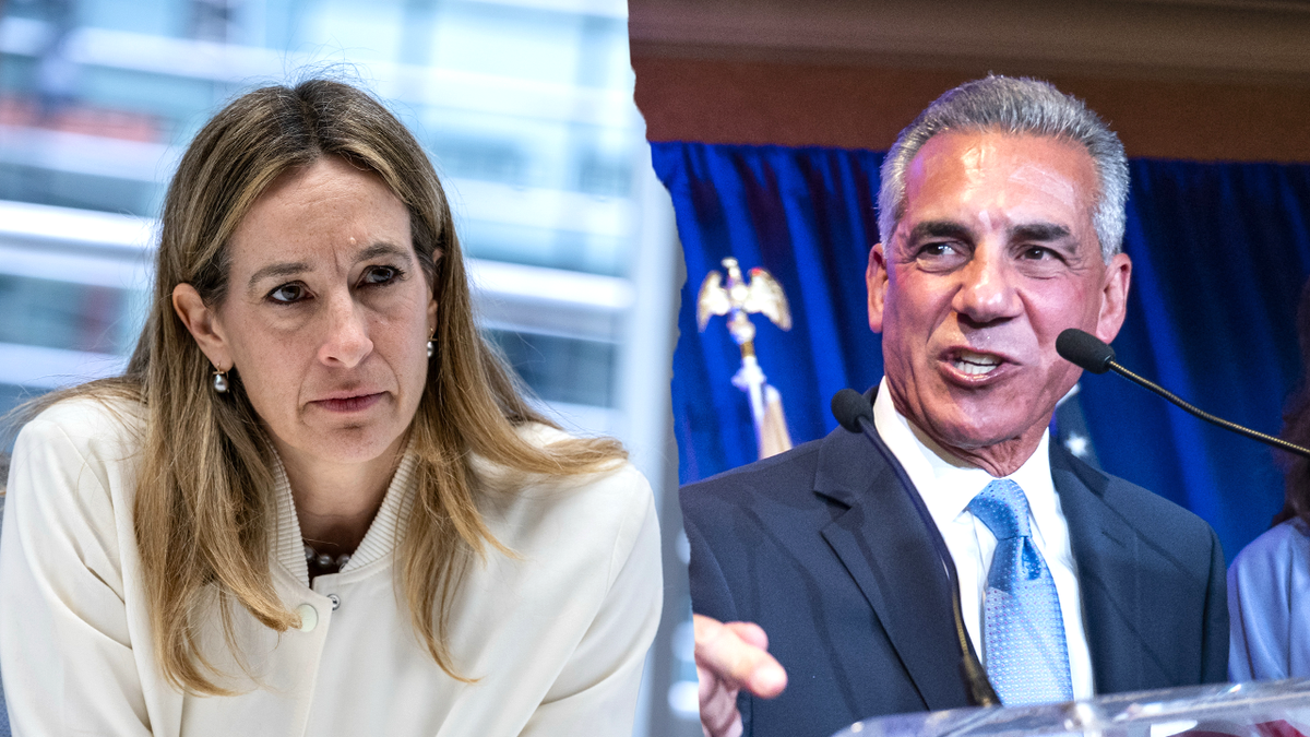 Composite image showing Rep. Mikie Sherrill and Jack Ciattarelli speaking on two different events.