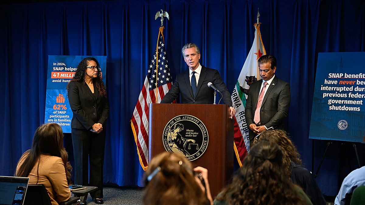 Governor Newsom at press conference with Rob Bonta and Kim Johnson in Sacramento