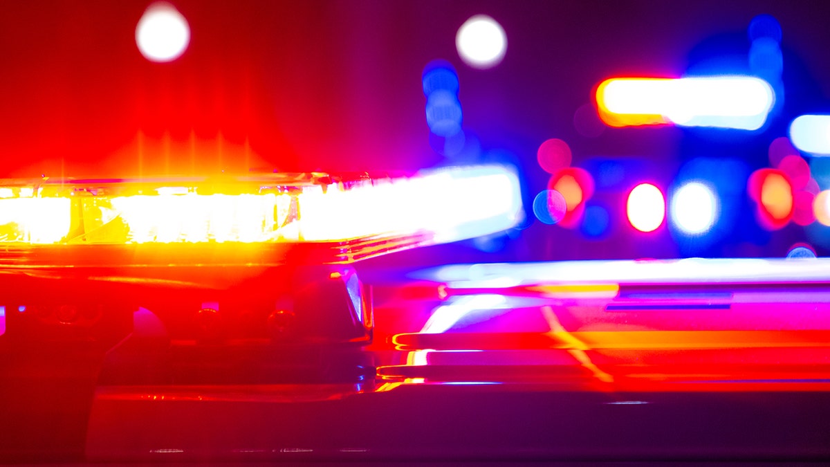 Police lights flashing at night.