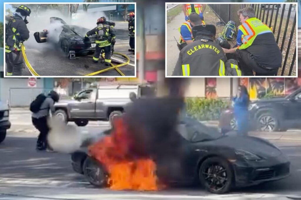 Wild video shows good Samaritans pulling driver from his burning Porsche