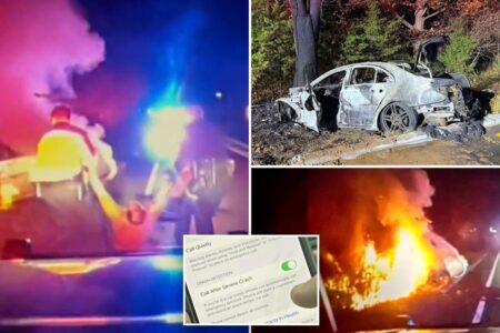 Dramatic video shows cops pull unconscious driver from fiery NJ wreckage — after phone saved his life