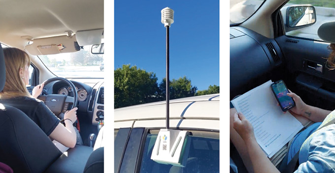 volunteers (left, right) driving, humidity sensors (center) mounted on their vehicles. 