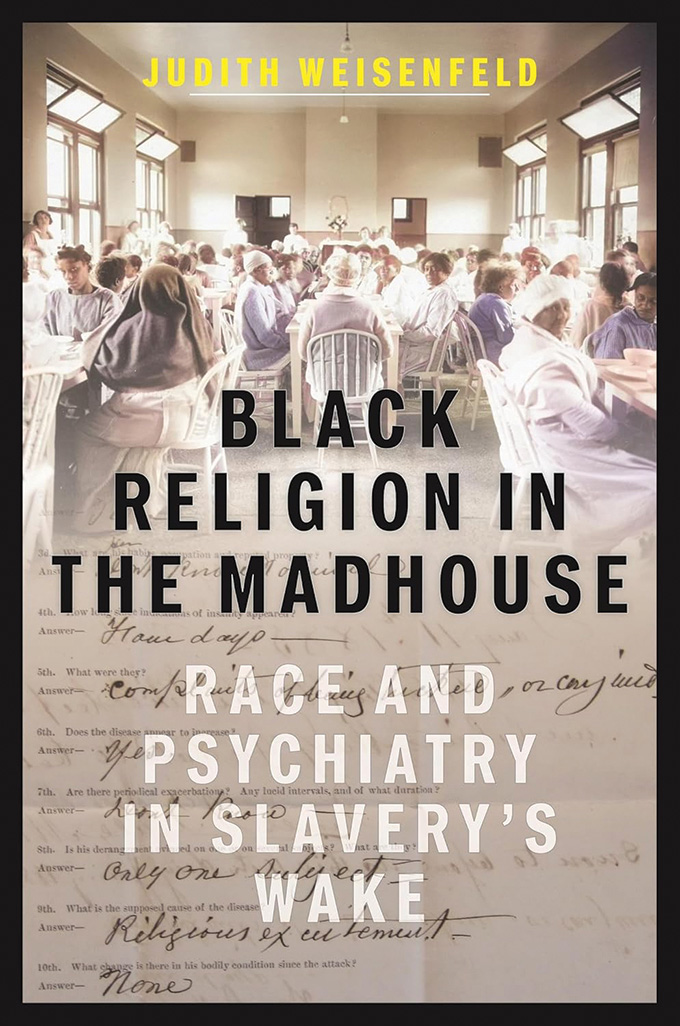 The book cover of a Black Religion in the Madhouse, showing people seated at tables in a room.