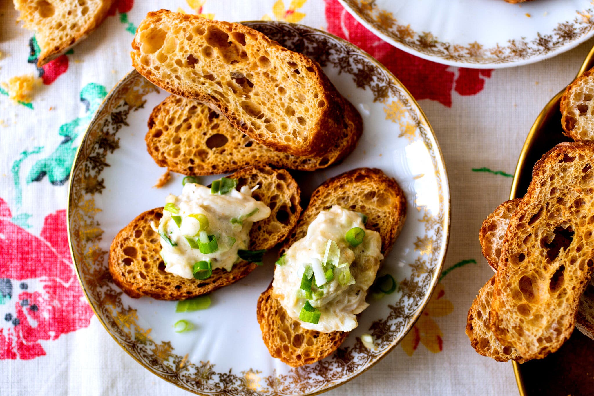 A few pieces of golden-brown toast sit on a decorative plate. A couple have been topped with a creamy dip finished with scallions.