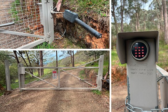 A gate built by Dezi Freeman to keep people out of the Rayner Track property - complete with one obvious and another hidden security camera - which is now disabled and fastened with chains and padlocks.