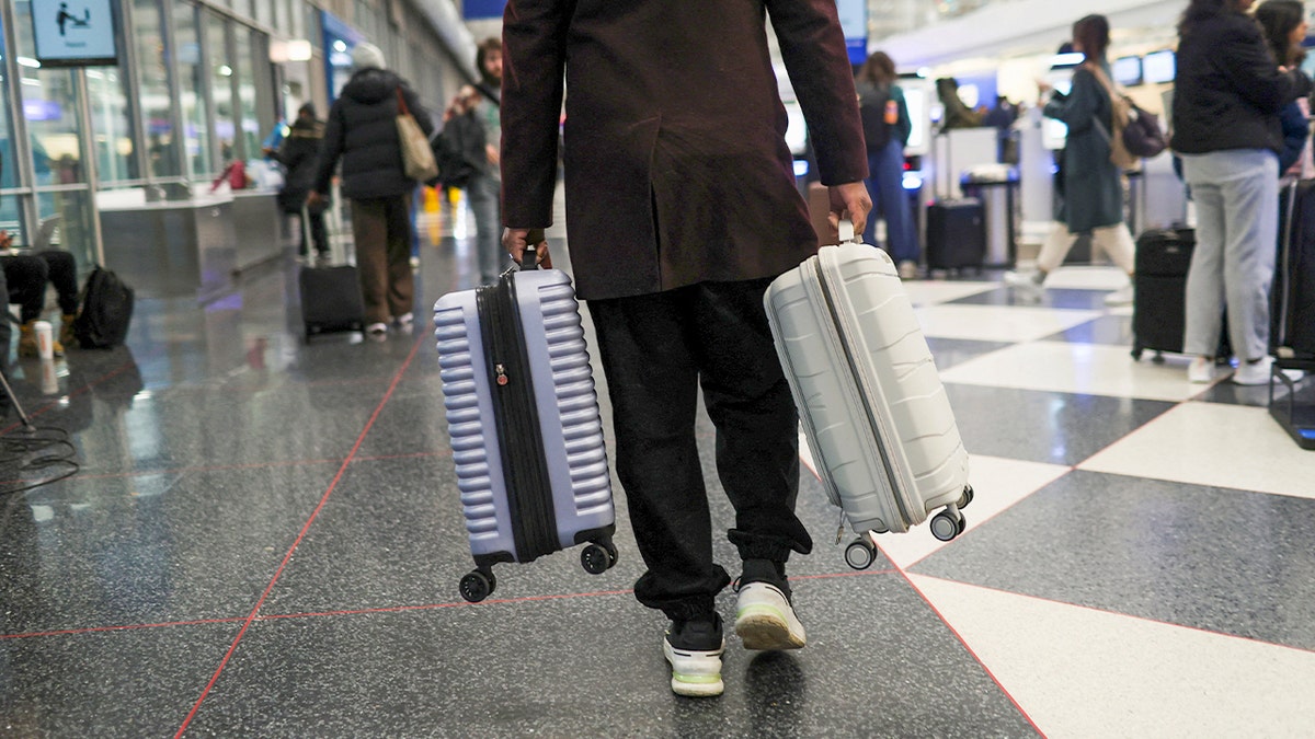 Traveler carries luggage in an airport