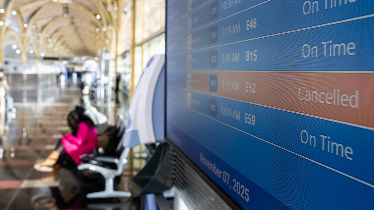 Flight board shows cancelled flights