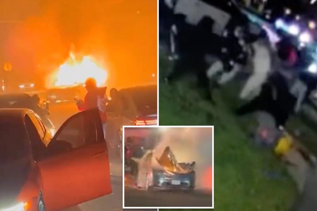 NYC mob pummels couple, sets vehicle on fire as violent car meet-up turns into ‘complete melee’: video