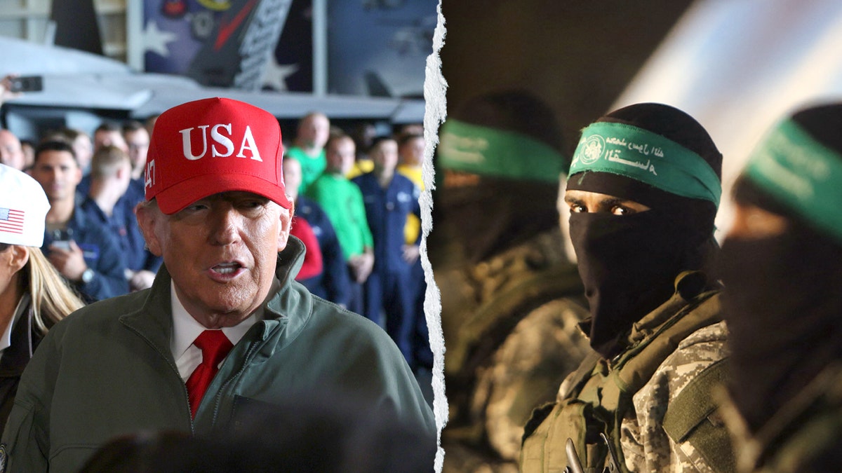A photo of U.S. President Donald Trump next to an armed soldier in Hamas