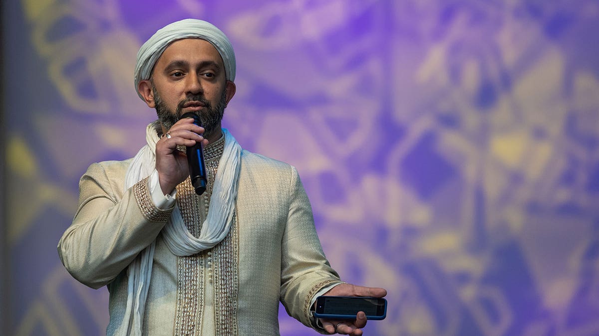 Imam Khalid Latif, shown speaking at Lincoln Center on July 10, 2022 in New York City.