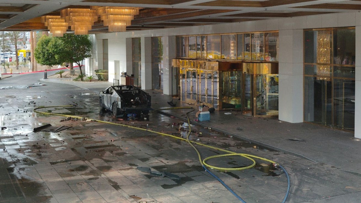 The burned out Cybertruck at the scene.