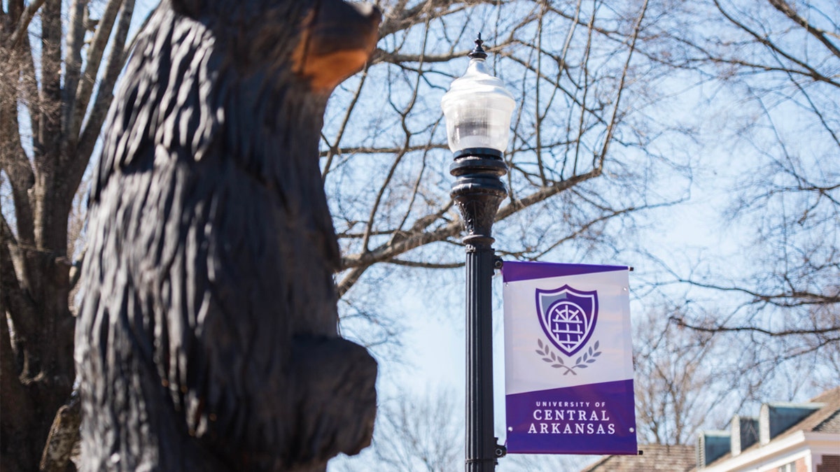 University of Central Arkansas bear mascot stands next to a banner with the school's logo