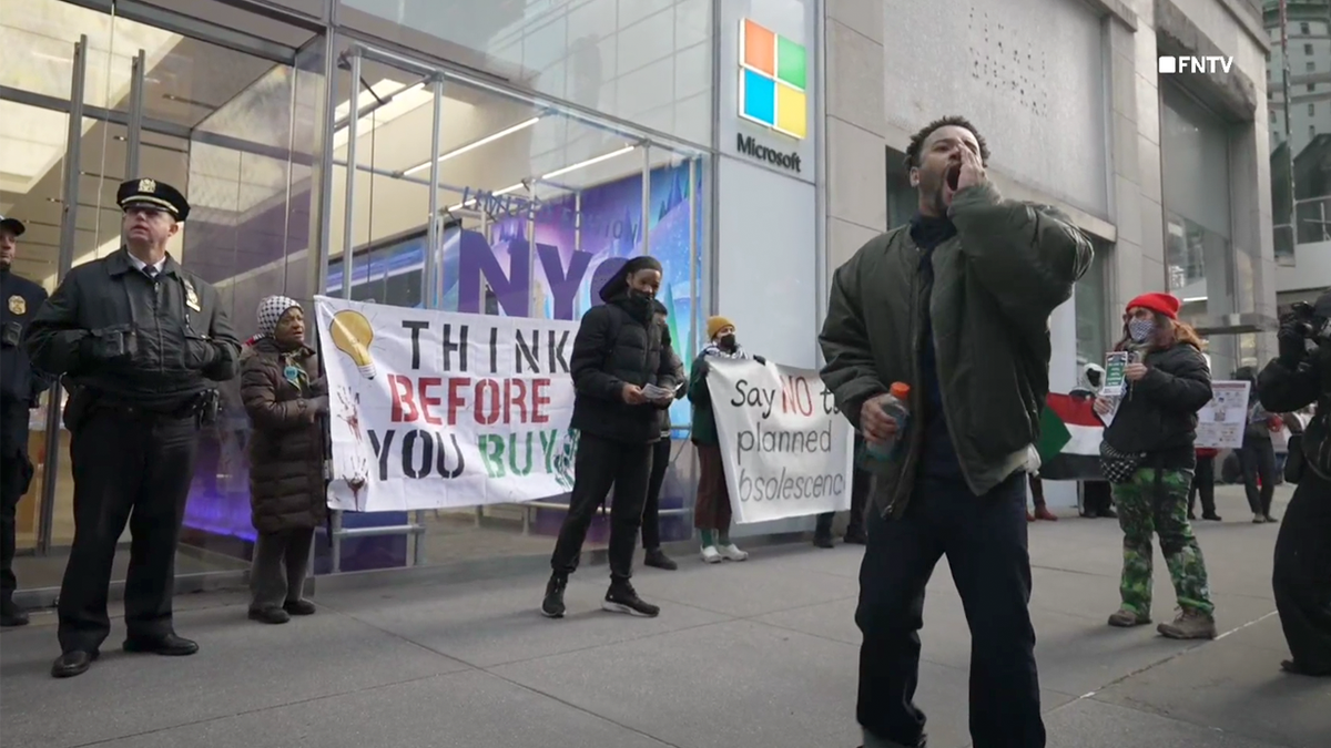 Pro-Palestine protesters gathered on Black Friday outside of a New York City Microsoft store.