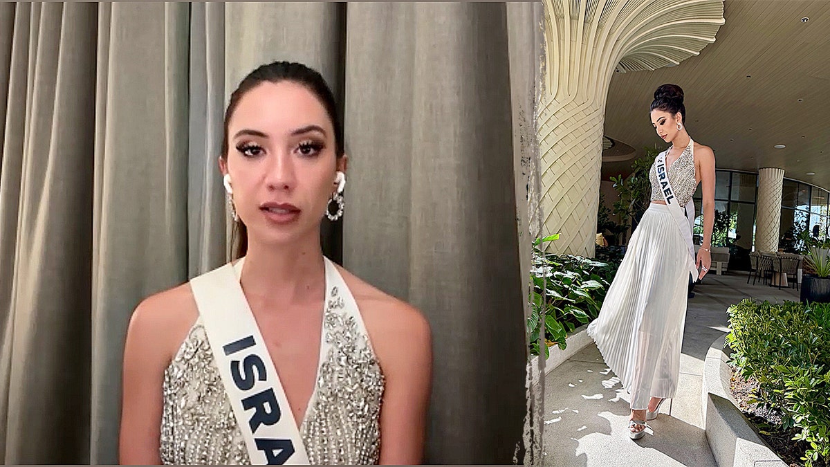 Miss Israel posing in a formal dress and her speaking with Fox News Digital.