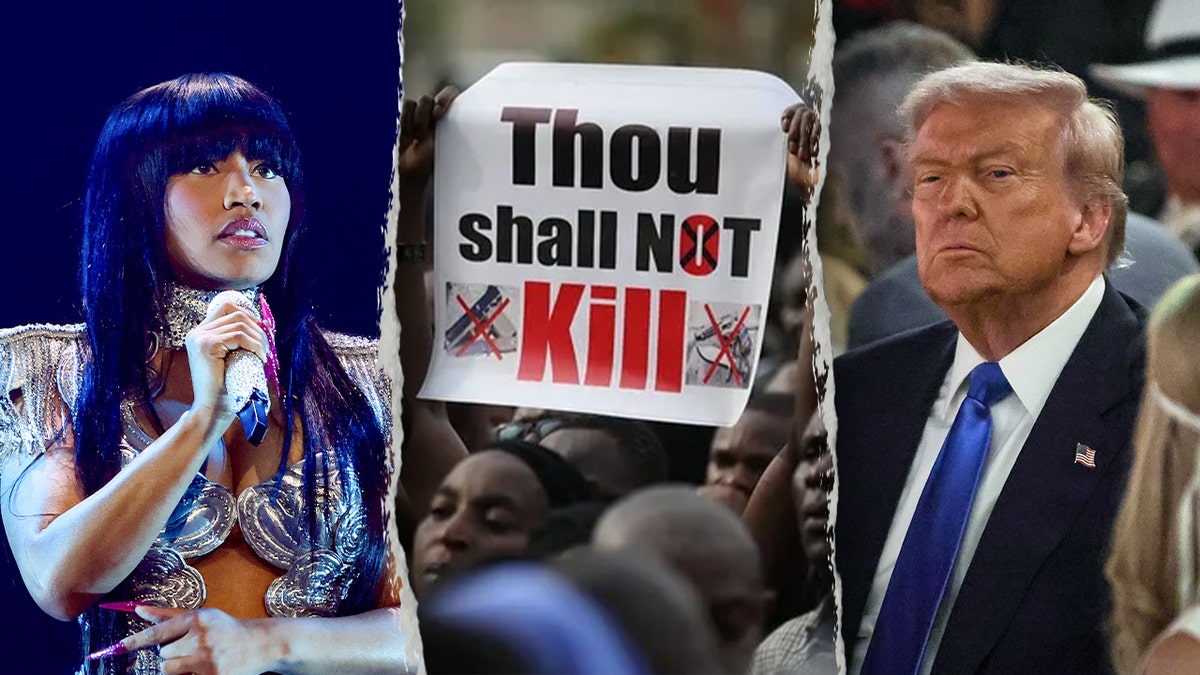 Nicki Minaj, a protest in Nigeria and President Donald Trump shown in a split image