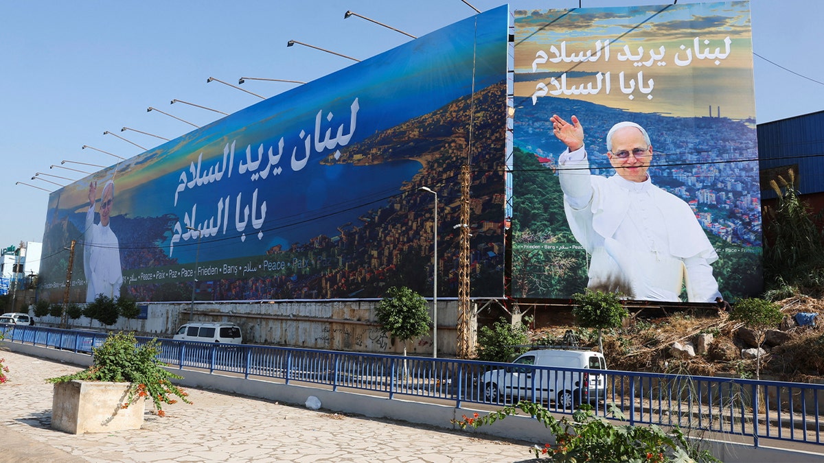Billboard showing Pope Leo XIV in Lebanon.