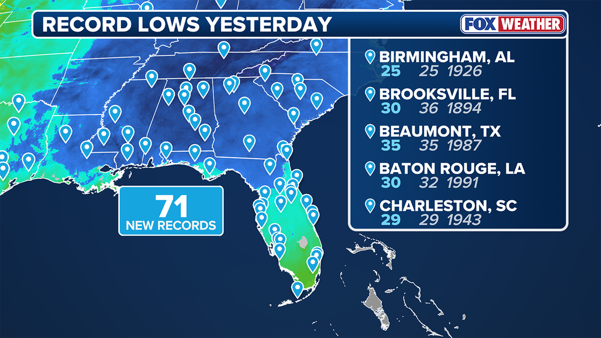 A weather map showing record low temperatures in Florida