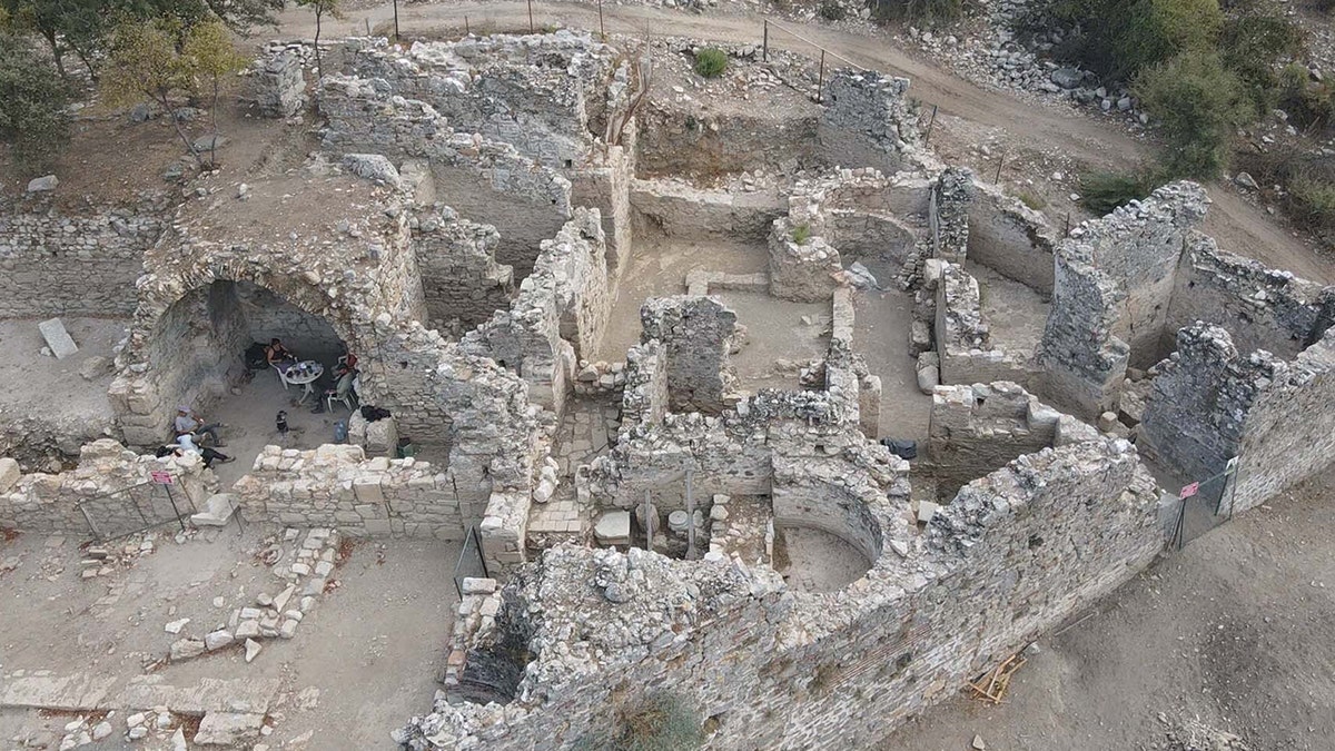 Aerial view of building complex in Kaunos, various stones
