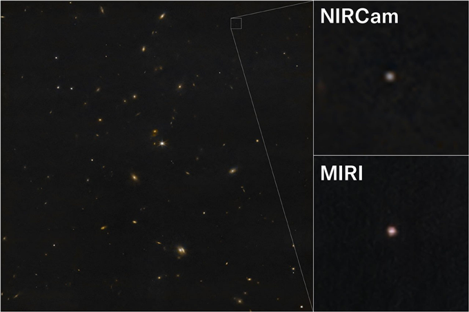 An image shows a field of distant galaxies with a zoomed-in inset highlighting a faint point source seen by two different cameras.