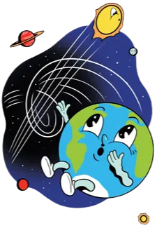 A cartoon illustration shows an anthropomorphic Earth being tossed as a star zooms by.