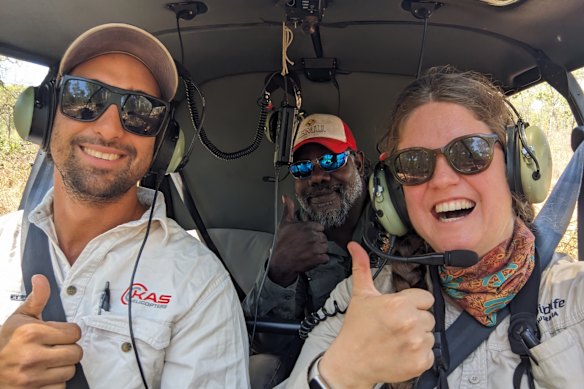Ryan Jason, ranger Jason Wungundin from Wilinggin Aboriginal Corporation and Jessica Rooke in the helicopter used to search for the red goshawks’ nests.