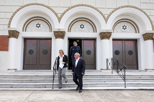 Premier Jacinta Allan with Philip Zajac, President of the Jewish Community Council of Victoria, and Victoria Police Commissioner Mike Bush on Monday.
