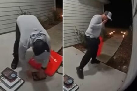 DoorDash driver drops chicken wing on concrete, puts it back in box, and licks fingers in gross caught-on-camera scene