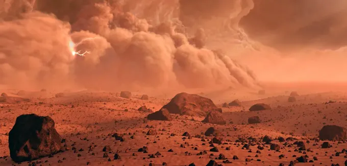 Clouds and a flash of lightning boil over the red rocky surface of Mars.