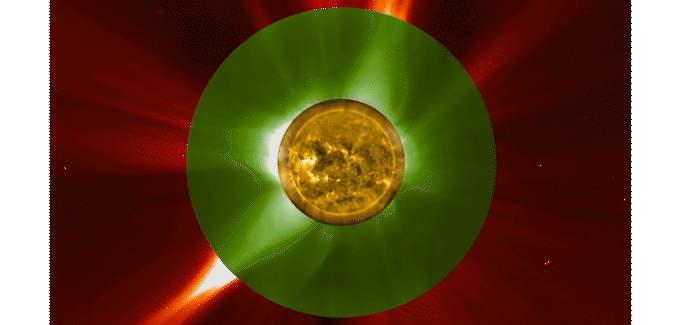 A gif shows the sun in the middle, surrounded by a green section and then a red area. Each section can be seen by different spacecraft. You can see a coronal mass ejection move from the sun out into the solar system.