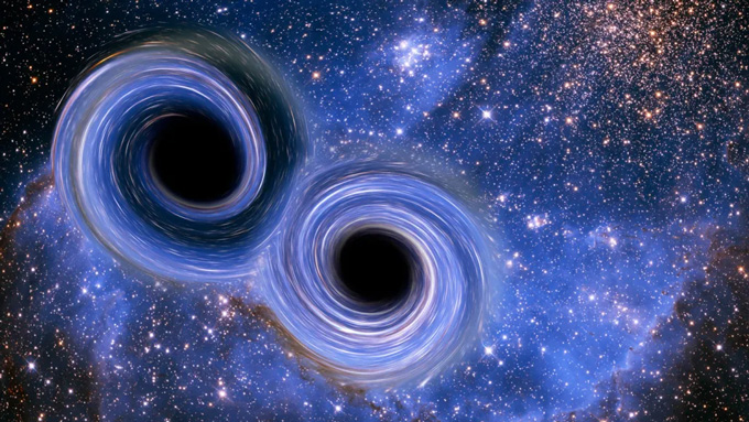 An illustration of two black holes, shown as swirling blue matter around a dark center