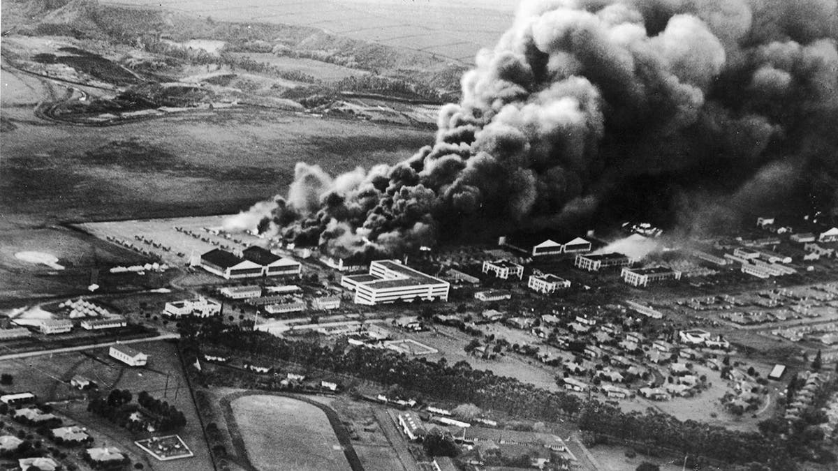 Aerial view of aftermath of Pearl Harbor attack