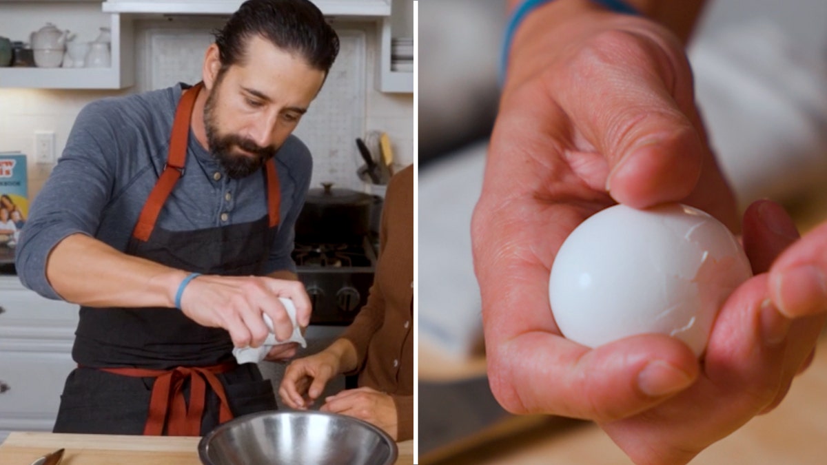 Andrew Gruel demonstrates how to crack an egg cleanly.