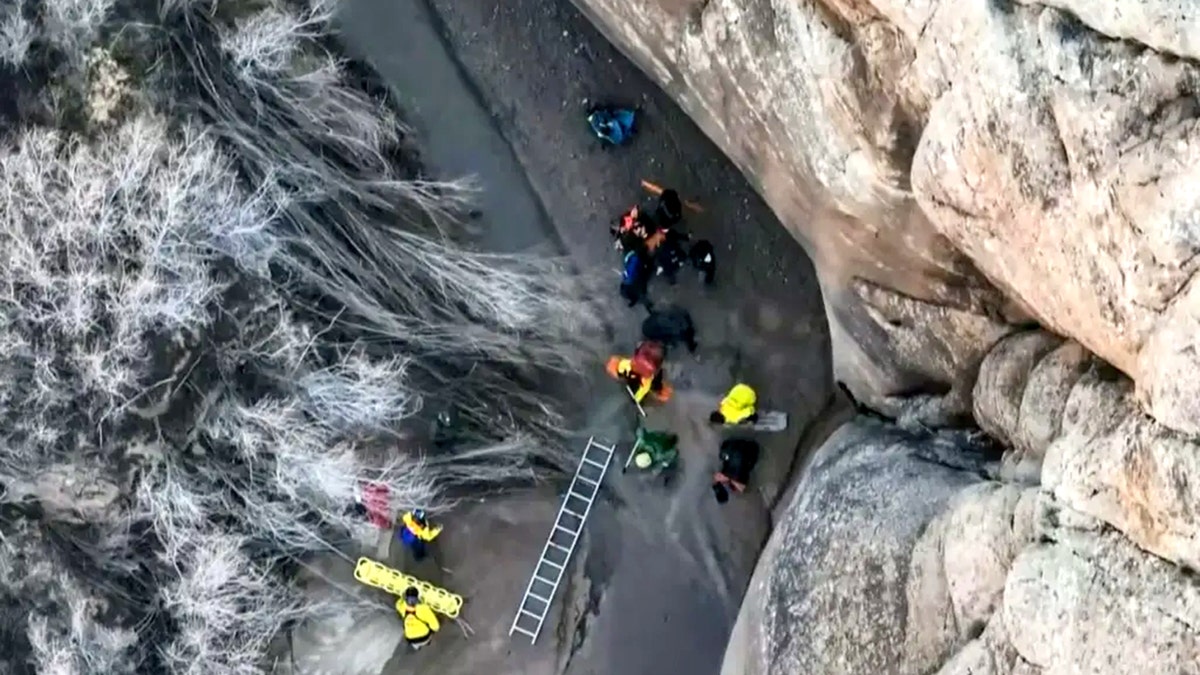 drone image showing rescuers arrive at the canyon to rescue Dirks