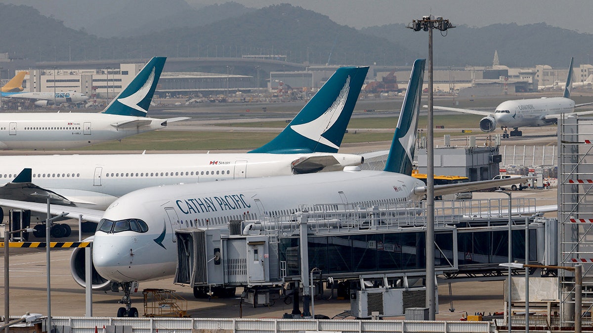Cathay Pacific Airbus A350 plane parked at Hong Kong International Airport