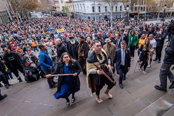 Travis Lovett arrives at the state parliament after his 500-kilometre walk across western Victoria in June.